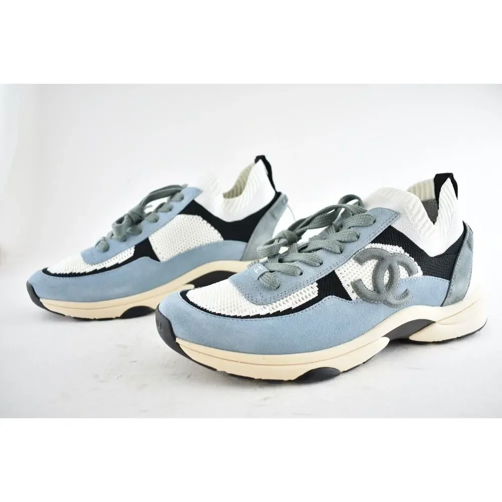 Chanel 22C Mens Blue White Grey Suede Knit CC Logo Low Top Trainer Sneaker 44 11 - Picture 6 of 8